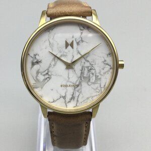 MVMT Marble Watch Women 38mm Gold Tone Brown Leather Band New Battery